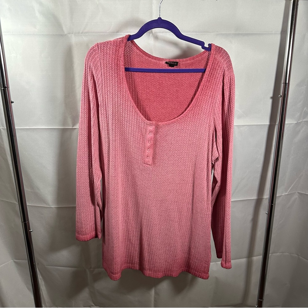 Torrid - Shirt - Waffle Scoop Neck Long Sleeve Henley Top - Pink Peacock - 2x -